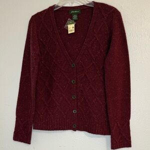 NWT M Eddie Bauer Burgundy LS Lambswool/Cashmere Cable Knit Cardigan Sweater